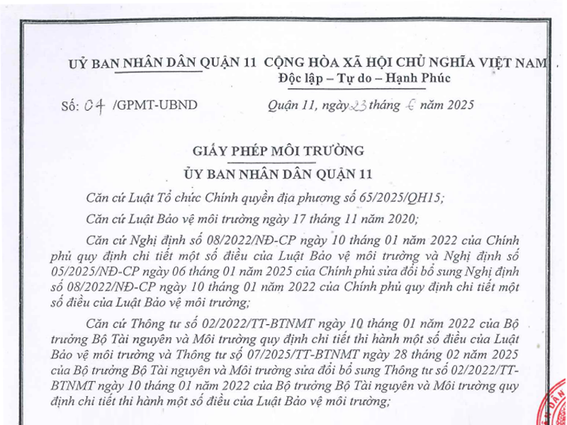 GIẤY PHÉP MÔI TRƯỜNG TỐNG VĂN TRÂN